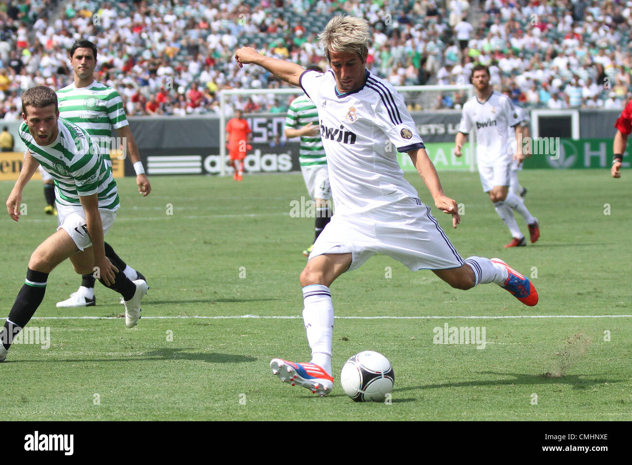 11.08.2012. Philadelphia, USA.  Real Madrid midfielder Fabio Coentrao (15) fires a shot at net in the World Football Challenge match between Real Madrid and Celtic FC at Lincoln Financial Field in Philadelphia, PA. Real Madrid defeated Celtic 2-0. Stock Photo