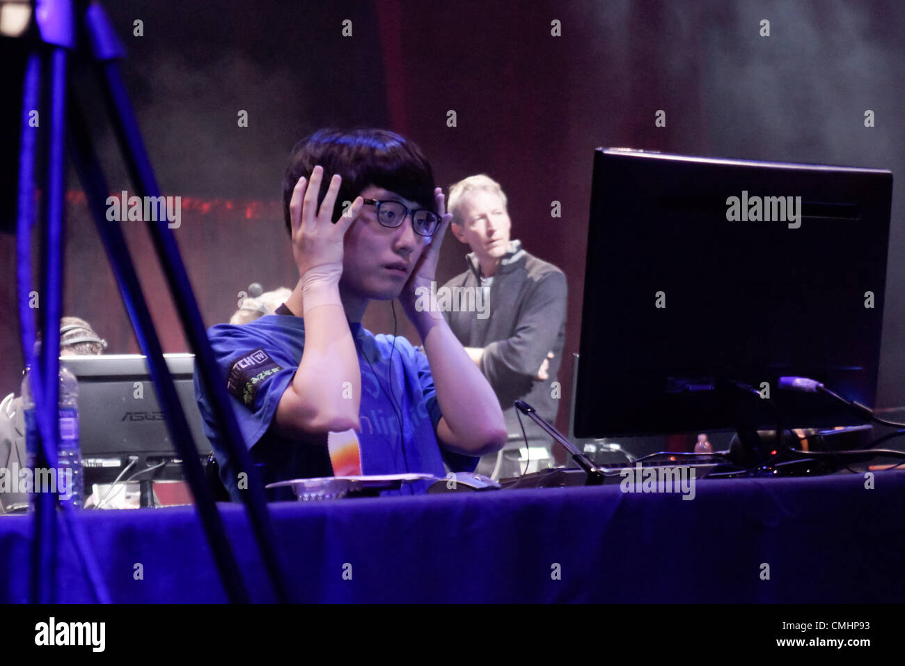 August 11, 2012. San Francisco, USA. IPL Faceoff, Starcraft 2 Team League Arena at Masonic Center in San Francisco. Liquid Taeja, MLG champion and current rising start of Starcraft 2, getting ready for his first game. Stock Photo