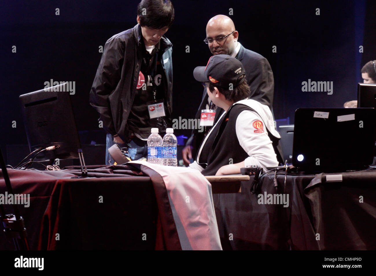 August 11, 2012. San Francisco, USA. IPL Faceoff, Starcraft 2 Team League Arena at Masonic Center in San Francisco. IM Nestea, three times GSL champion, discussing his rematch with IPL referees. Stock Photo