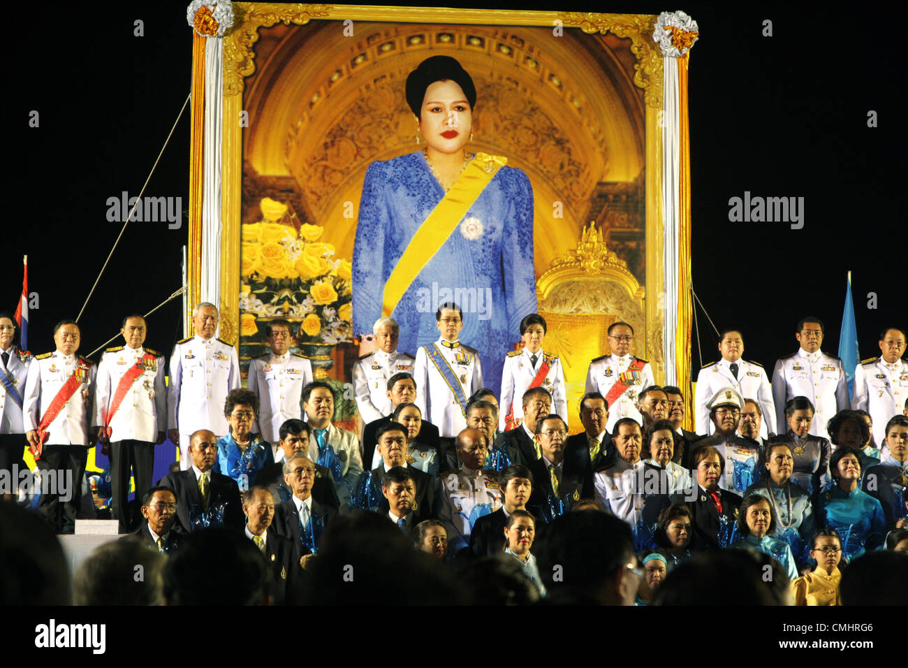 The Royal Field , Bangkok , Thailand , August 12 , 2012 . Thai Prime minister during a ceremony .Thais nationwide celebrate Her Majesty the Queen's 80th birthday with numerous celebrations and ceremonies. Stock Photo
