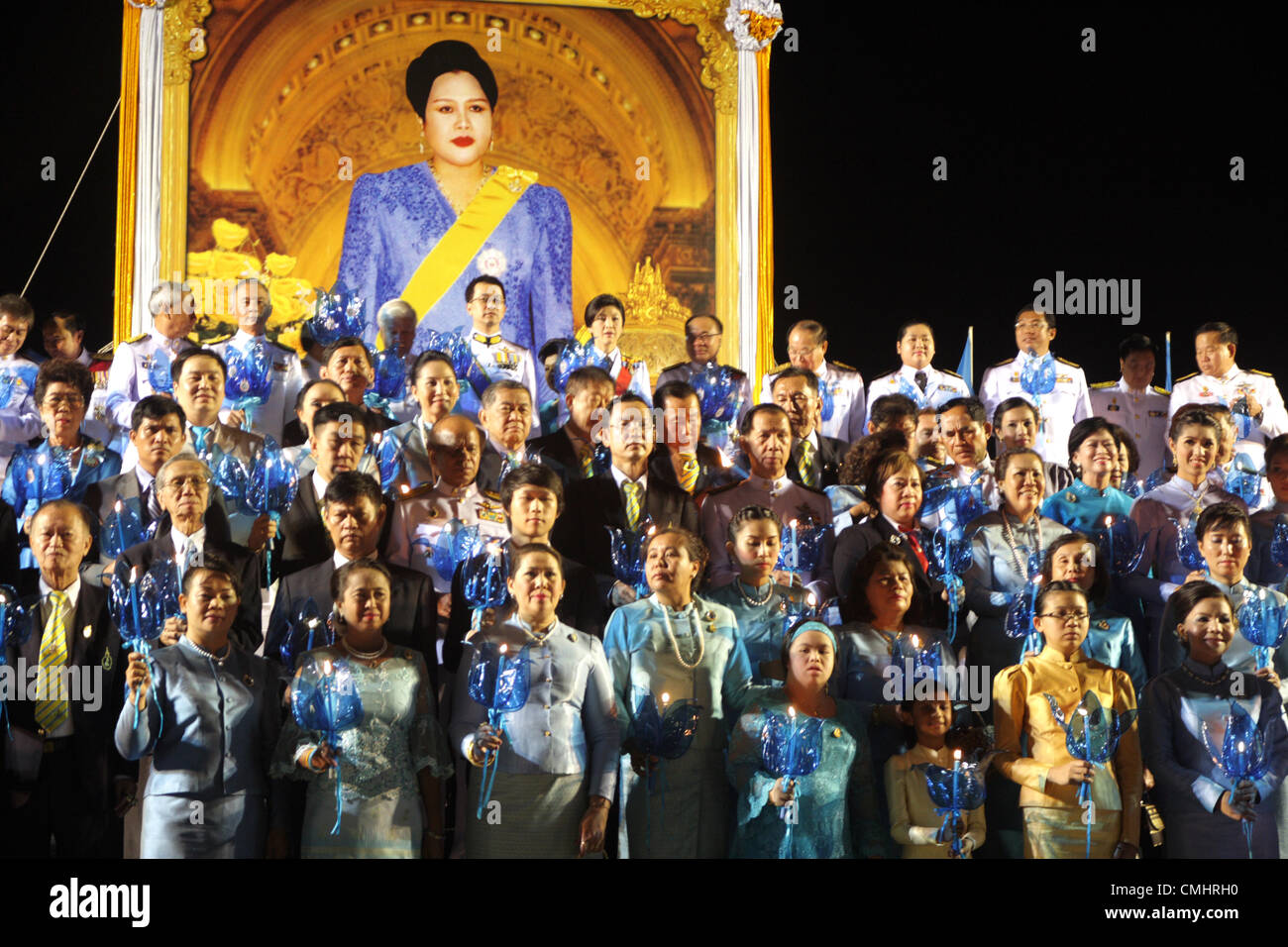 The Royal Field , Bangkok , Thailand , August 12 , 2012 . Thai Prime minister during a ceremony .Thais nationwide celebrate Her Majesty the Queen's 80th birthday with numerous celebrations and ceremonies. Stock Photo