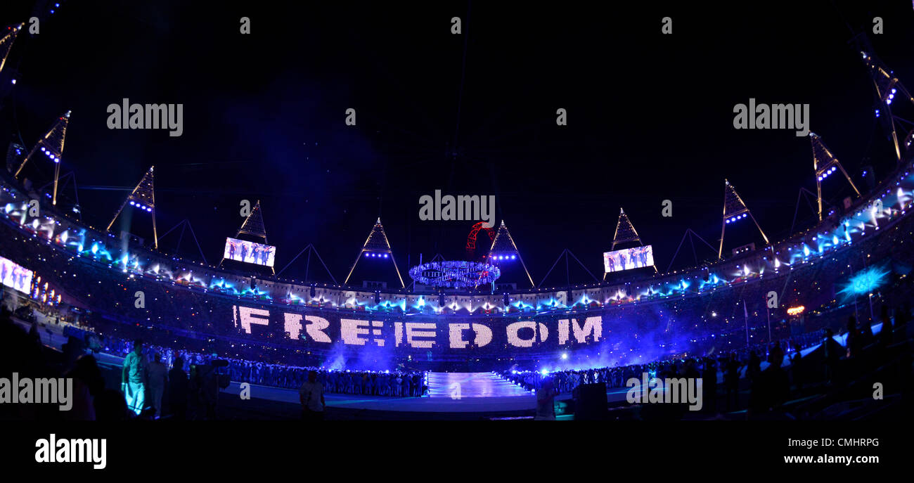 12th Aug 2012. 12.08.2012. London, England A General view in the Olympic Stadium with slogan ' Freedom ' on the stands during the Closing Ceremony of the London 2012 Olympic Games, London, Great Britain, 12 August 2012. Stock Photo
