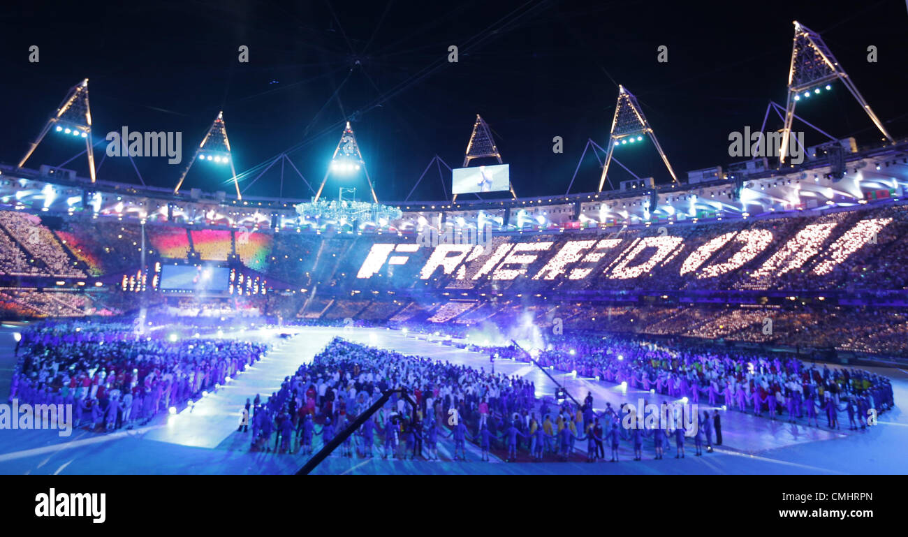 12th Aug 2012. 12.08.2012. London, England A General view in the Olympic Stadium with slogan ' Freedom ' on the stands during the Closing Ceremony of the London 2012 Olympic Games, London, Great Britain, 12 August 2012. Stock Photo