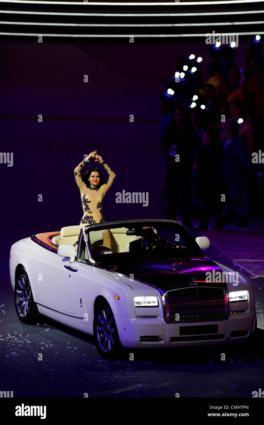 12th Aug 2012. 12.08.2012. London, England. Singer Jessie J performs from a Rollys Royce car during the Closing Ceremony at the end of Day 16 of the London 2012 Olympic Games at the Olympic Stadium. Stock Photo