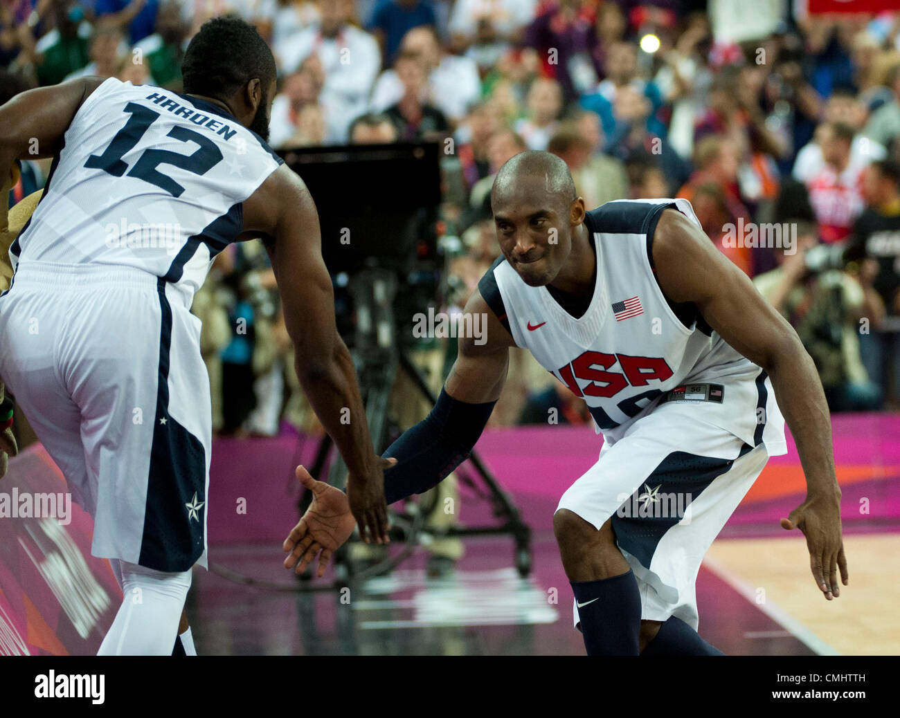 Aug. 12, 2012 - London, England, United Kingdom - Kobe Bryant and James  Harden celebrate their 107-100 win over Spain for the gold medal in the  Men's Gold medal game during the, image size:1300x1038
