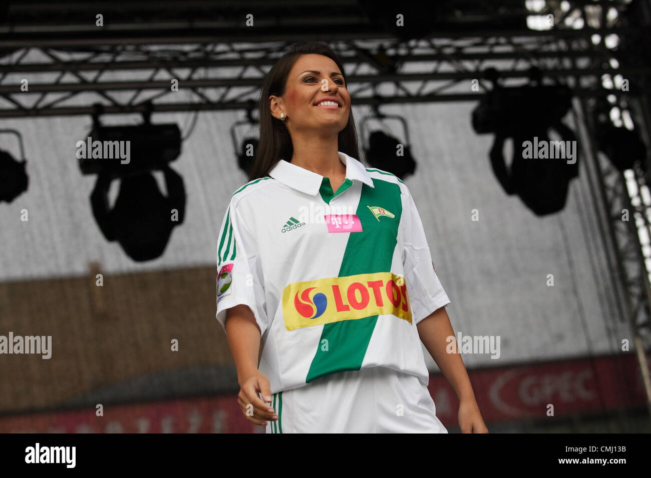 13th Aug 2012. Gdansk, Poland 13.08.2012 Lechia Gdansk - Polish football extraleague team presentation before the 2012/2013 seazon. Model presents new costumes for players. Stock Photo