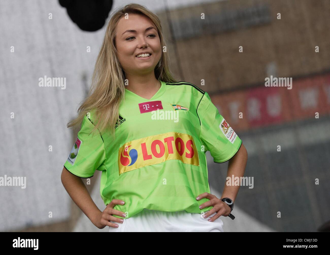 13th Aug 2012. Gdansk, Poland 13.08.2012 Lechia Gdansk - Polish football extraleague team presentation before the 2012/2013 seazon. Model presents new costumes for players. Stock Photo