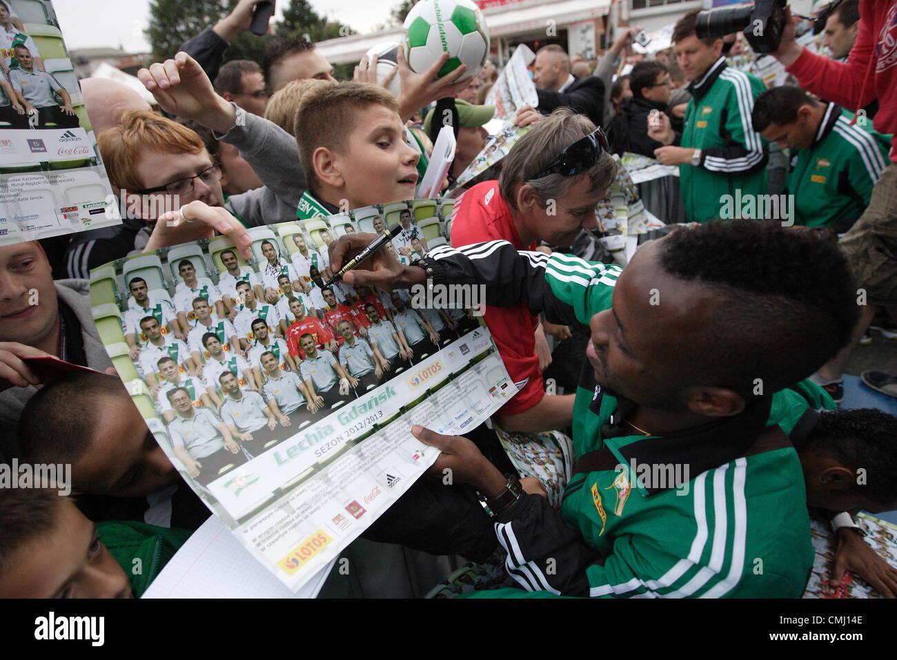 13th Aug 2012. Gdansk, Poland 13.08.2012 Players gives autograph to fans after the Lechia Gdansk Polish football extraleague team presentation before the 2012/2013 seazon. Stock Photo