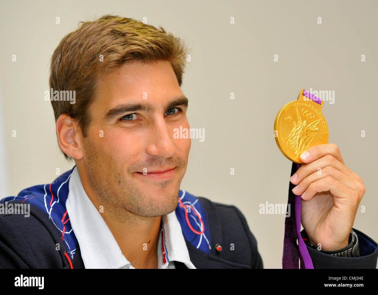 13th Aug 2012. Czech Republic's athlet David Svoboda poses with gold ...