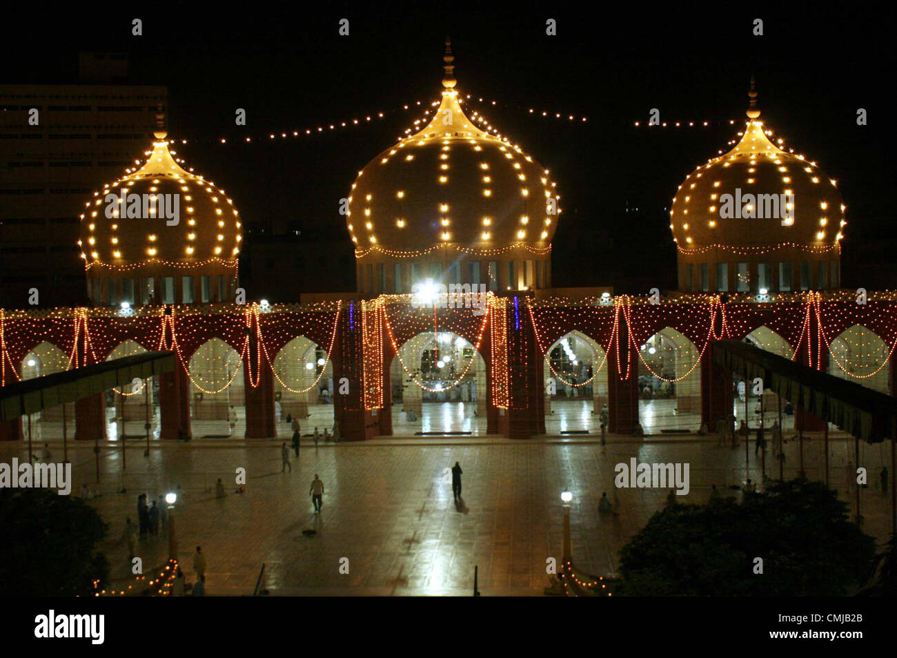 Beautiful illuminated view of Memon mosque decorated  with lights on the Eve of 27 Ramadan-ul-Mubarak, in Karachi on Wednesday, August 15, 2012. Stock Photo