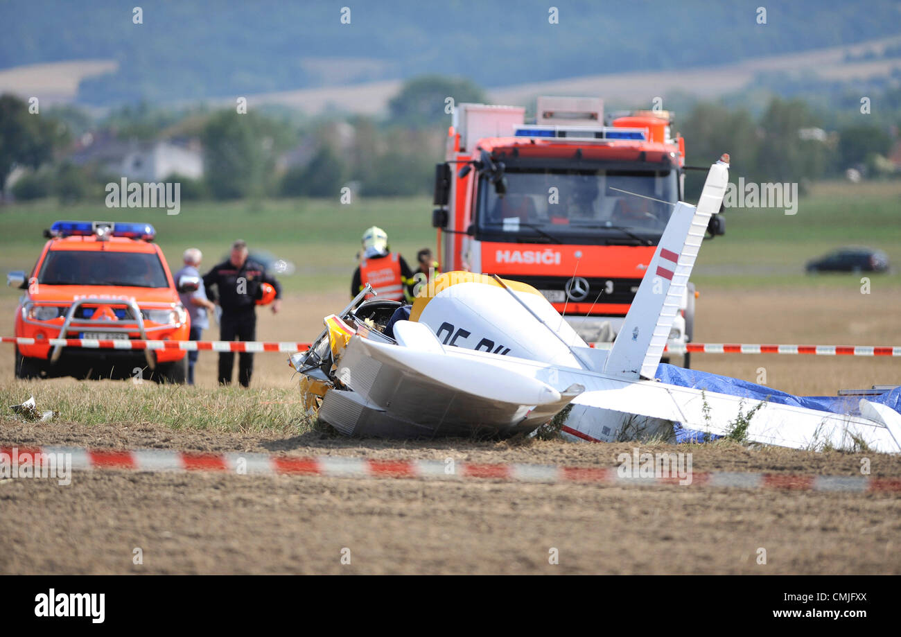 Two men did not survive the accident of a small Austrian plane that probably crashed during landing at the grassy airport in Dolni Benesov-Zabreh, North Moravia, Czech Republic on August 16, 2012 (CTK Photo/Jaroslav Ozana) Stock Photo