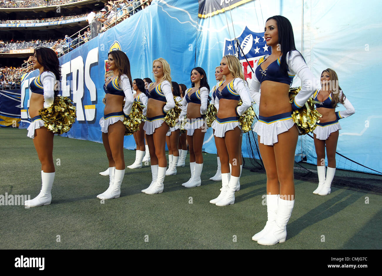 Aug. 9, 2012 - San Diego, CA, USA - August 9, 2012 - San Diego, California, USA - The San Diego Chargers cheerleaders  perform during a NFL football game against the Green Bay Packers. (Credit Image: © KC Alfred/ZUMAPRESS.com) Stock Photo