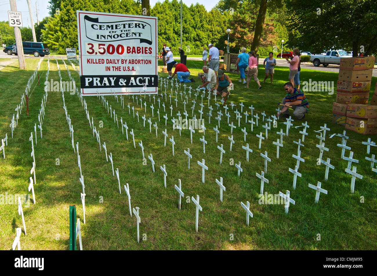16th Aug 2012. Respect for Life groups from Immaculate Conception Catholic Church of Port Clinton, St. Joseph Catholic Church of Marblehead, and St. Mary's Byzantine Catholic Church of Marblehead Ohio set out 3500 crosses to represent the daily abortion rate in the US Stock Photo