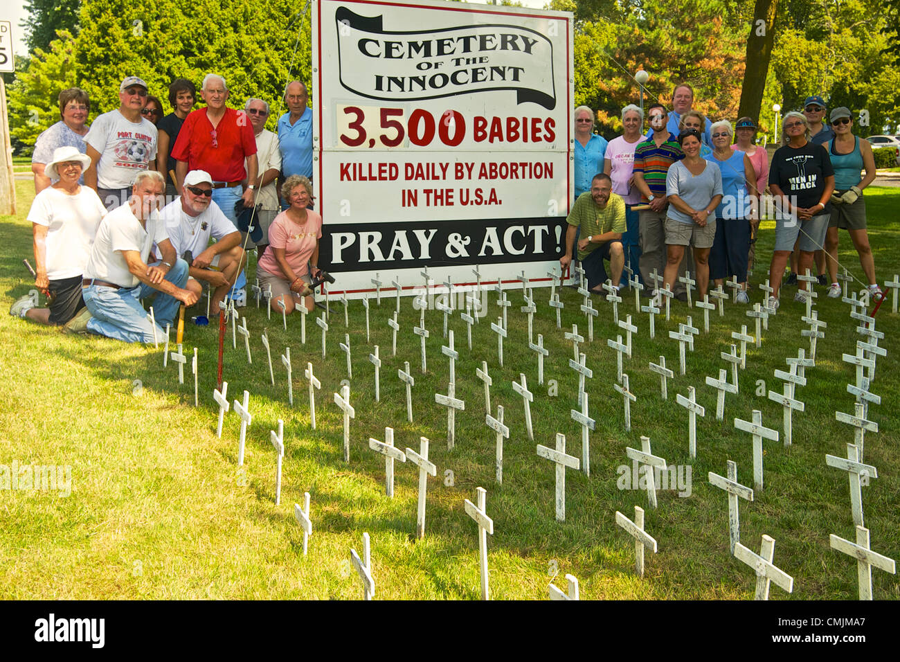 16th Aug 2012. Respect for Life groups from Immaculate Conception Catholic Church of Port Clinton, St. Joseph Catholic Church of Marblehead, and St. Mary's Byzantine Catholic Church of Marblehead Ohio set out 3500 crosses to represent the daily abortion rate in the US Stock Photo