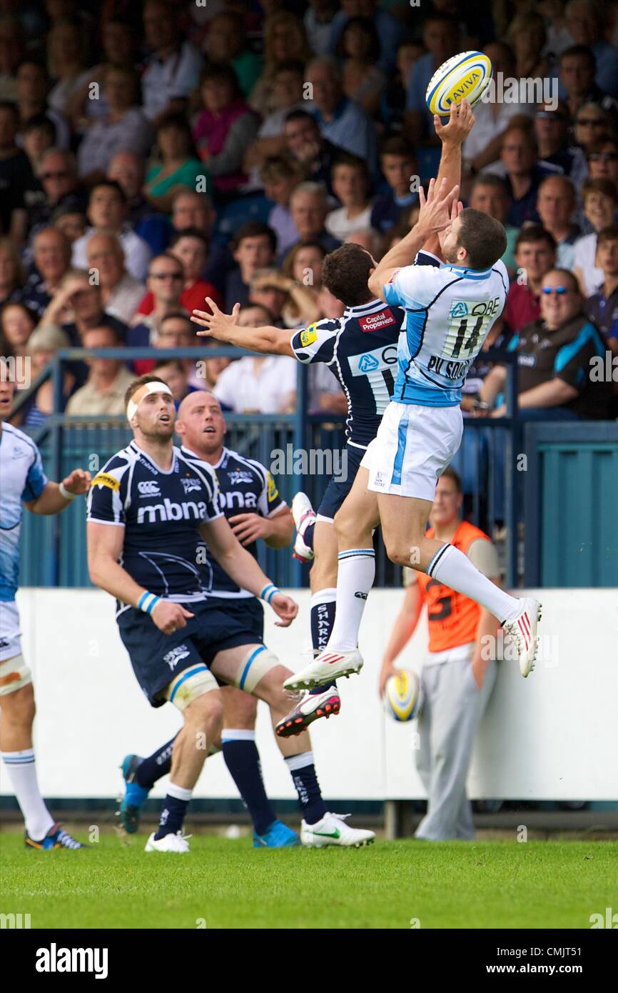 18.08.2012 Sale, England. Glasgow Warriors wing Tommy Seymour (USA) in action during the Mark Cueto Testimonial match between Sale Sharks and Glasgow Warriors. Stock Photo