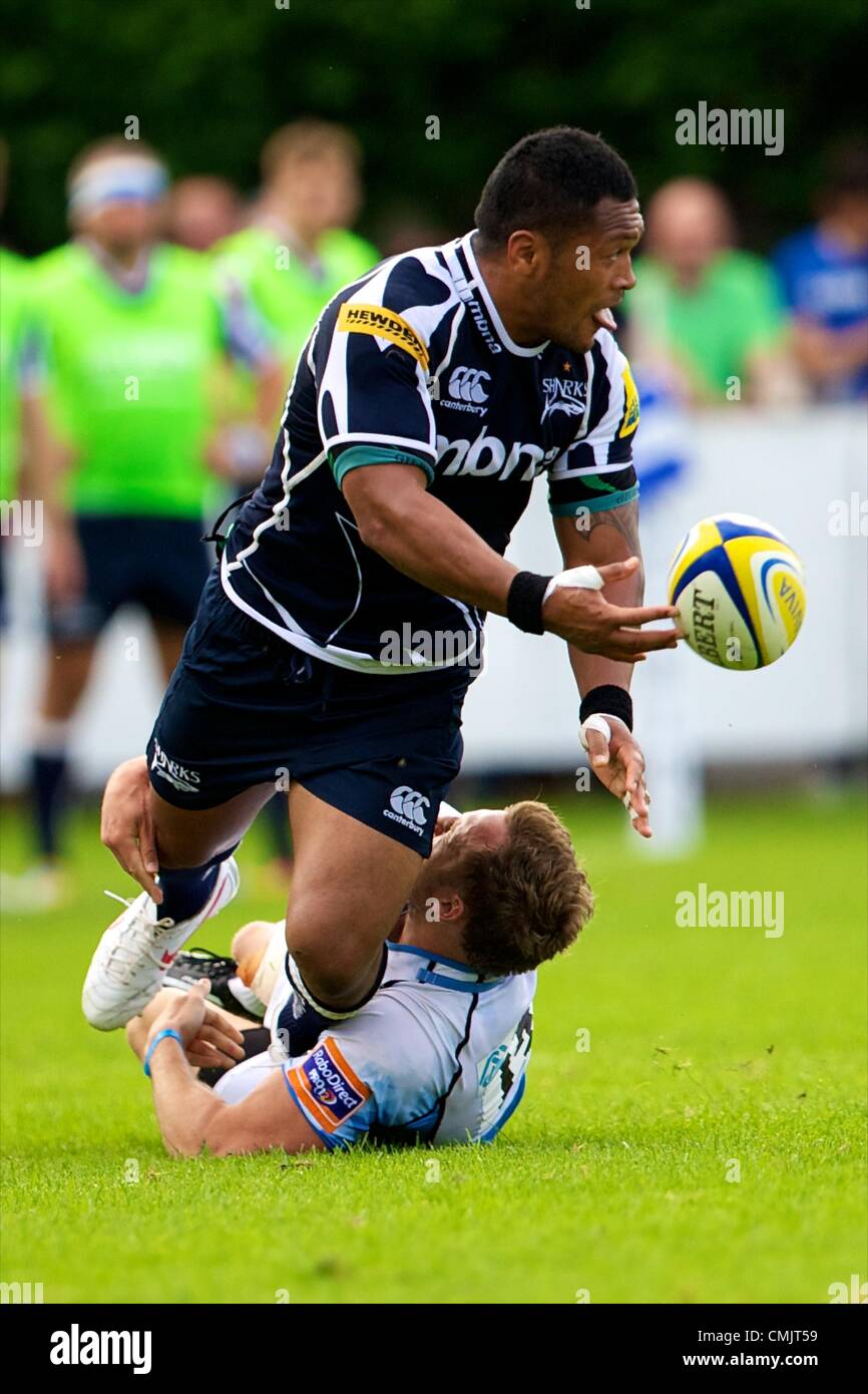 18.08.2012 Sale, England. Sale Sharks centre Johnny Leota (SAM) in action during the Mark Cueto Testimonial match between Sale Sharks and Glasgow Warriors. Stock Photo