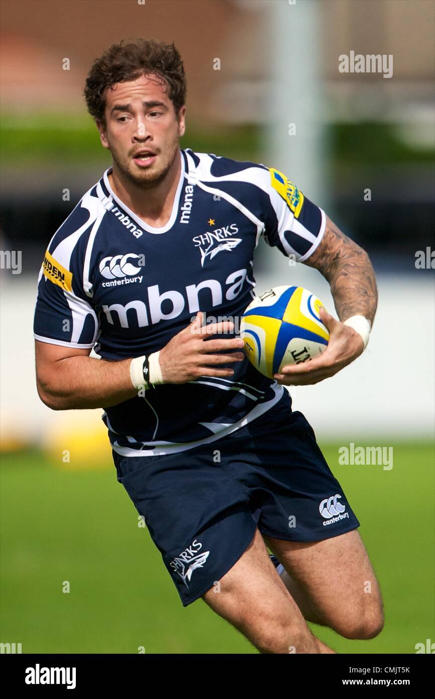 18.08.2012 Sale, England. Sale Sharks fly-half Danny Cipriani (ENG) in action during the Mark Cueto Testimonial match between Sale Sharks and Glasgow Warriors. Stock Photo