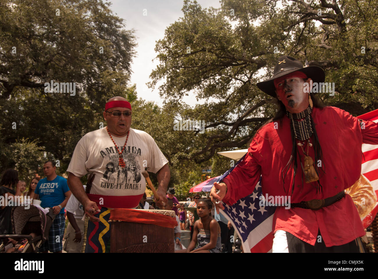 18 August 2012 San Antonio, Texas, USA - Native Americans from the Pacuache-Tilijaya Coahuilteca Tribe of Tejas, perform a traditional dance at Alamo Plaza in front of the Alamo. Stock Photo