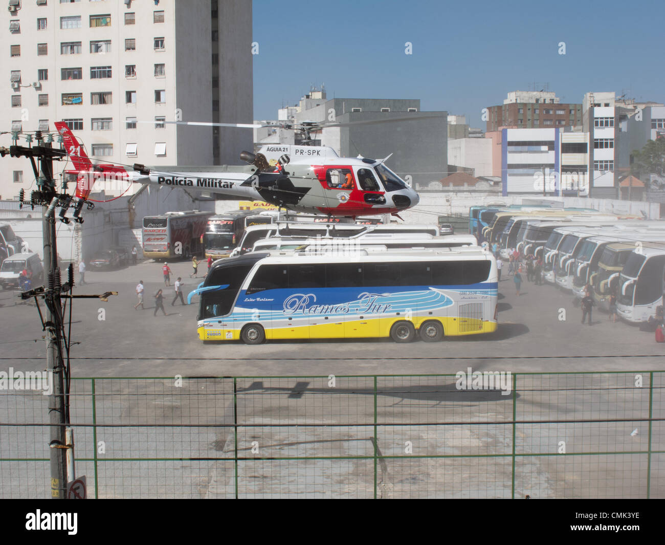 SAO PAULO, BRAZIL, 20th Aug, 2012. A helicopter of Policia Militar do Estado de Sao Paulo (PMESP) (Military Police of Sao Paulo State)  taking off in a bus parking area in San Paulo, Brazil. Credit: Andre M. Chang/Alamy Live News Stock Photo