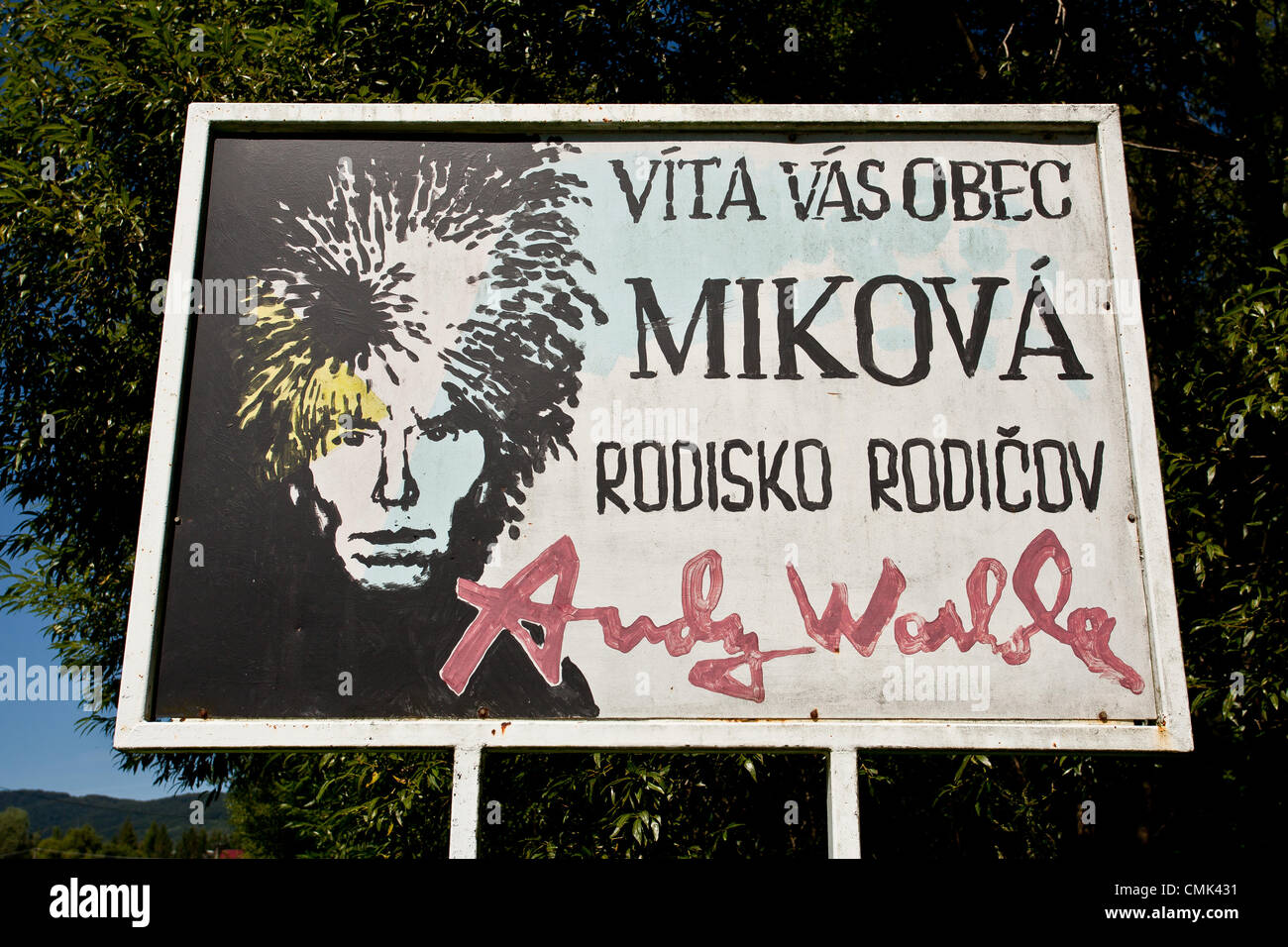 August 19 2012 Mikova Slovakia Europe A Signboard On The Way To Mikova The Ancestral Village Of The American Artist Andy Warhol Real Name Andrej Varchola Whose Parents Were Working Class