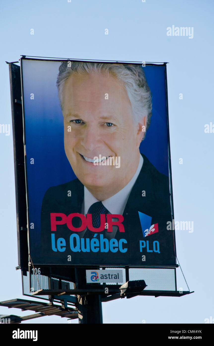 The Quebec general elections of 2012 are set to take place in the Canadian province of Quebec on September 4, 2012. Major political parties have started the battle on the streets with promotional posters placarded all around the city of Montreal-Here a poster of the current prime minister Jean Charest who's also the leader of the Liberal party Stock Photo