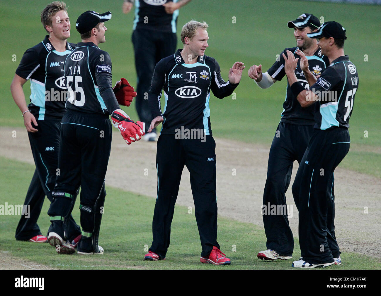21.08.2012. The Oval, London, England. Gareth Batty gets the accolades after bowling Marcus north during the CB40 match Surrey V Welsh Dragons at The Kia Oval Kennington London England. Stock Photo