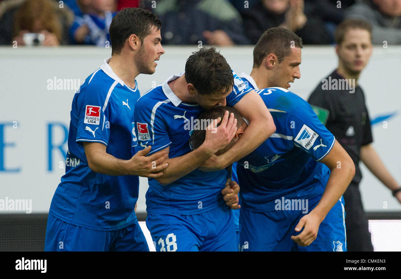 Sinsheim, Germany. 18th Oct, 2013. Hoffenheim's Kai Herdling (R) and  Leverkusen's Sebastian Boenisch debate after the Bundesliga soccer match  between 1899 Hoffenheim and Bayer Leverkusen at Rhein-Neckar-Arena in  Sinsheim, Germany, 18 October