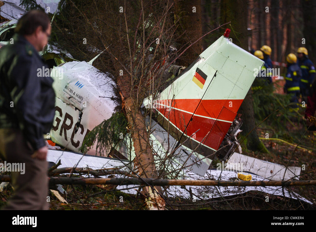 Cortendorf, Germany. 02nd Nov, 2013. The fuselage of a twin-engined aircraft after crashing into a forest in Cortendorf, Germany, 02 November 2013. Three people died in the crash. Photo: DAVID EBENER/dpa/Alamy Live News Stock Photo