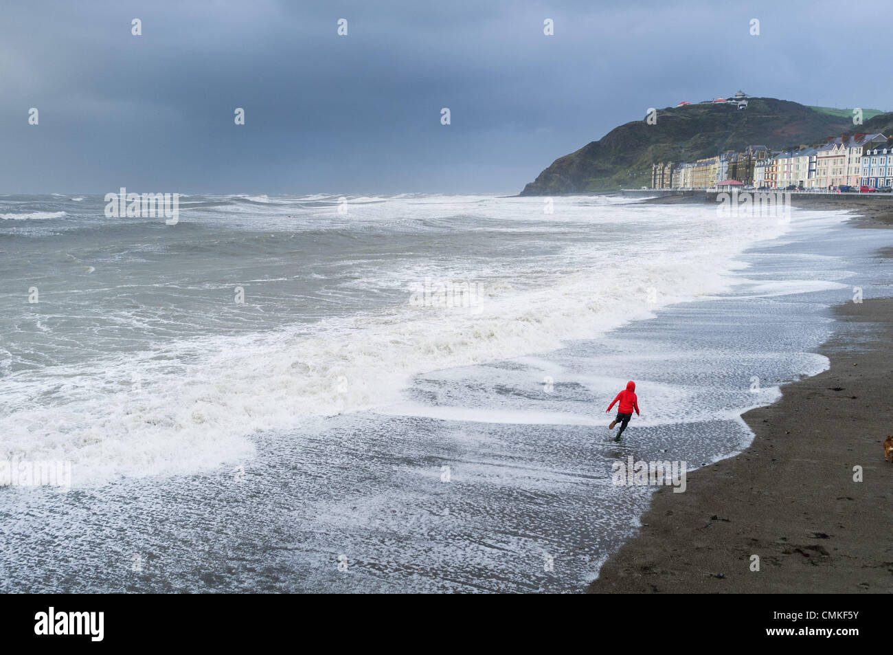 Aberystwyth Wales UK, Saturday 2 November 2013  Warnings are issued as gale force winds batter the coastline in Aberystwyth Wales UK. Natural Resources Wales (NRW) said 10 flood warnings are currently in place in coastal areas of Wales, with concerns over high tides. Gusts hitting 70 knots (80mph) have been reported on exposed coasts.  photo Credit: keith morris/Alamy Live News/Alamy Live News Stock Photo