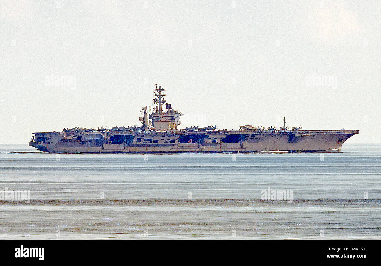 the Ionian Sea en route to Kotor, Montenegro. 25th Oct, 2013. The nuclear powered United States Navy aircraft carrier USS Nimitz (CVN-68) on patrol in the Ionian Sea on Friday, October 25, 2013. The photo was taken from the cruise ship Celebrity Equinox that was in the Ionian Sea en route to Kotor, Montenegro. Credit: Ron Sachs / CNP/dpa/Alamy Live News Stock Photo