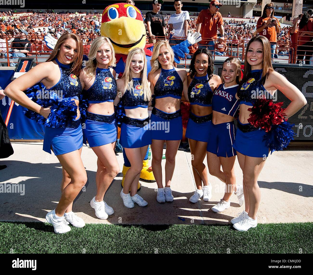 Austin, Texas, USA. 2nd Nov, 2013. November 02, 2013: Kansas Jayhawks  Cheerleaders in action during the NCAA Football game between the Texas  Longhorns at Darrell K Royal Texas Memorial Stadium in Austin,