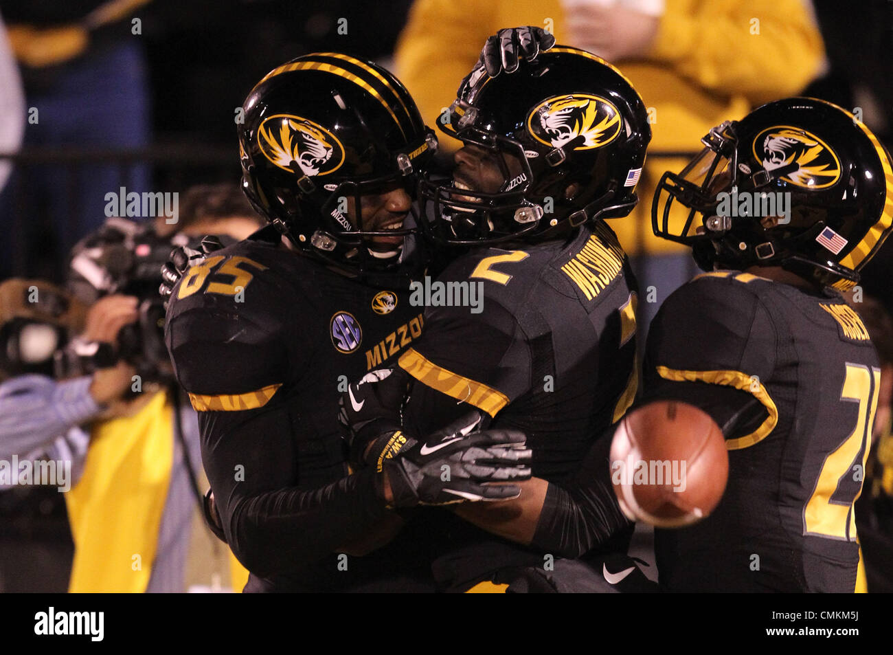 Nov. 2, 2013 - November 02, 2013 Columbia, MO: Missouri Tigers wide receivers Marcus Lucas (85), L'Damian Washington (2) and Bud Sasser (21) celebrate a touchdown during the NCAA football game between the Missouri Tigers and the Tennessee Volunteers at Faurot Field in Columbia, Missouri. Billy Hurst/CSM Stock Photo
