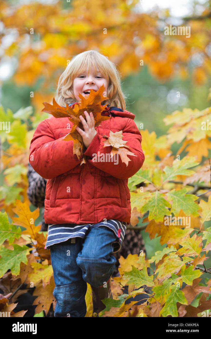 A three year old boy playing amongst the leaves at Westonbirt Arboretum Credit:  Adrian Sherratt/Alamy Live News Stock Photo