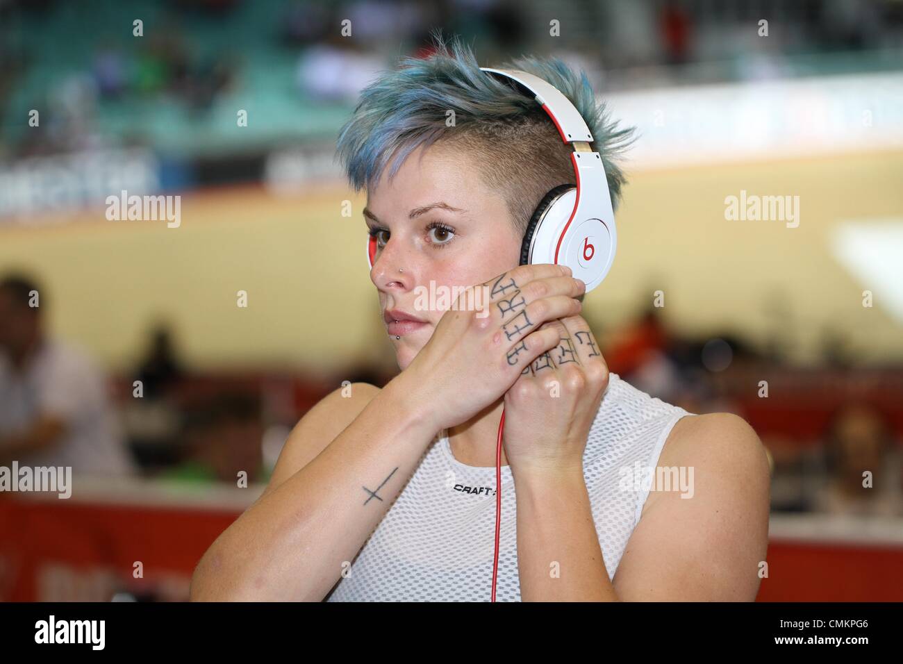 Track Cycling World Cup, National Cycling Centre, Manchester, UK. 3rd November 2013. Gillian Carleton of New Zealand Credit:  Neville Styles/Alamy Live News Stock Photo