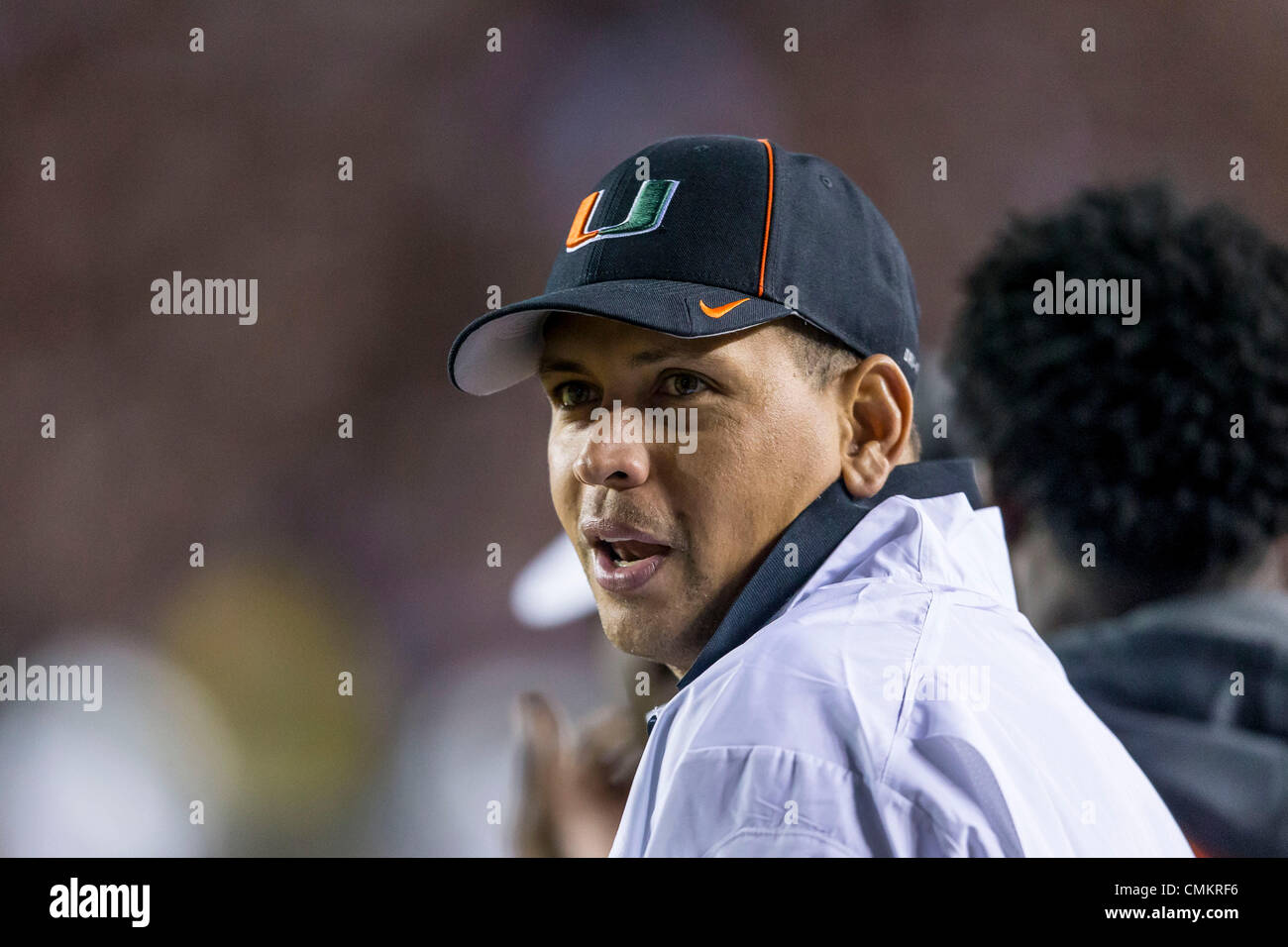 Tallahassee, Florida, USA. 2nd Nov, 2013. Miami Hurricanes fan and NY Yankee baseball player Alex Rodriguez watches the game between the Miami Hurricanes and the Florida State Seminoles at Doak S. Campbell Stadium. Florida State defeated Miami 41-14. Credit:  Cal Sport Media/Alamy Live News Stock Photo
