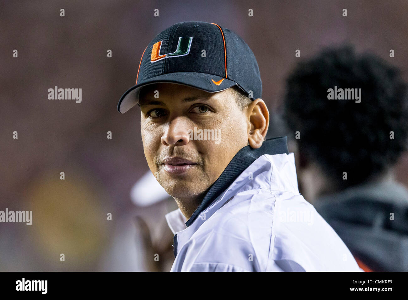 Tallahassee, Florida, USA. 2nd Nov, 2013. Miami Hurricanes fan and NY Yankee baseball player Alex Rodriguez watches the game between the Miami Hurricanes and the Florida State Seminoles at Doak S. Campbell Stadium. Florida State defeated Miami 41-14. Credit:  Cal Sport Media/Alamy Live News Stock Photo