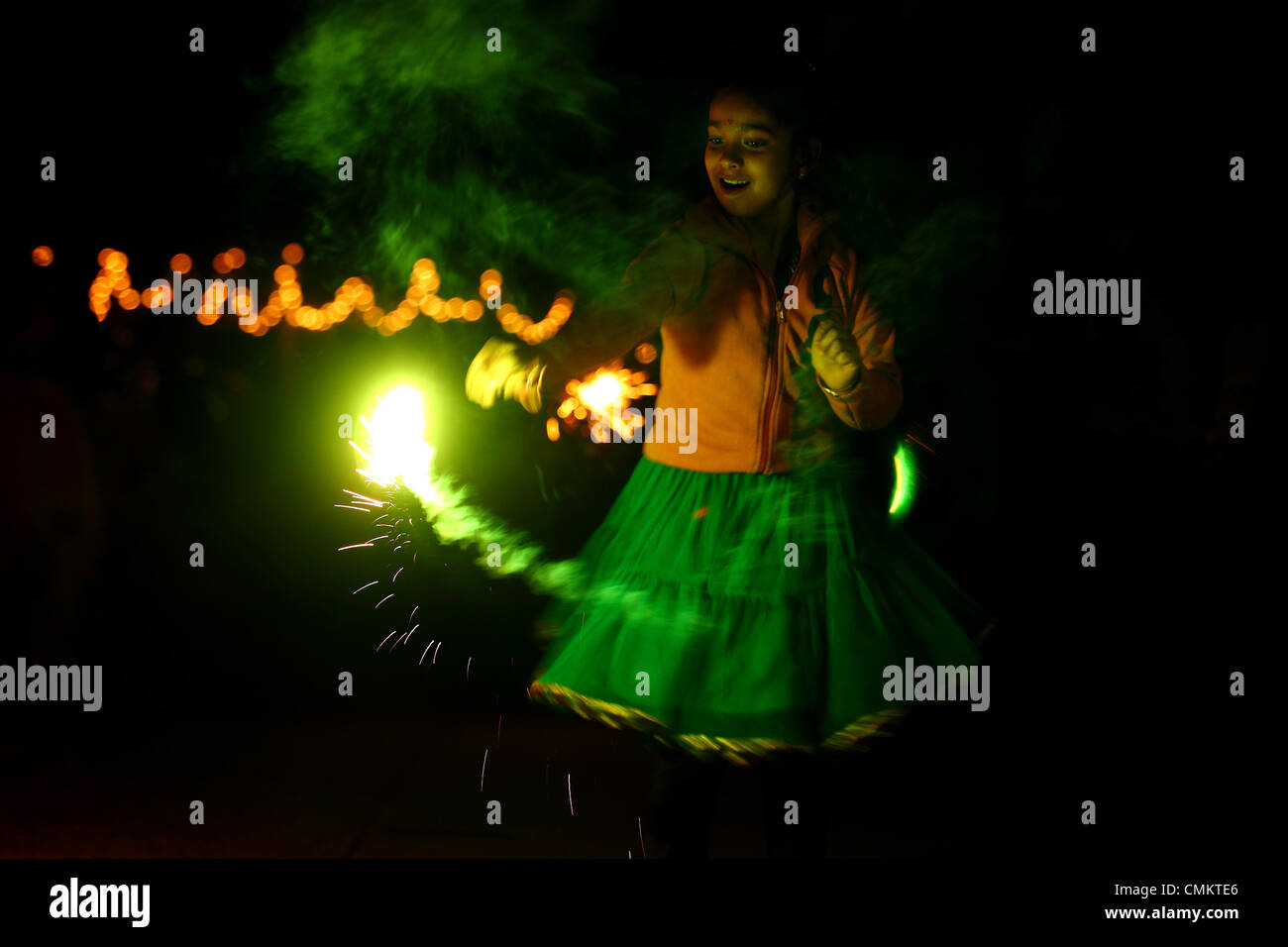 A young girl celebrating Diwali - the popular festival of Diwali in India Stock Photo