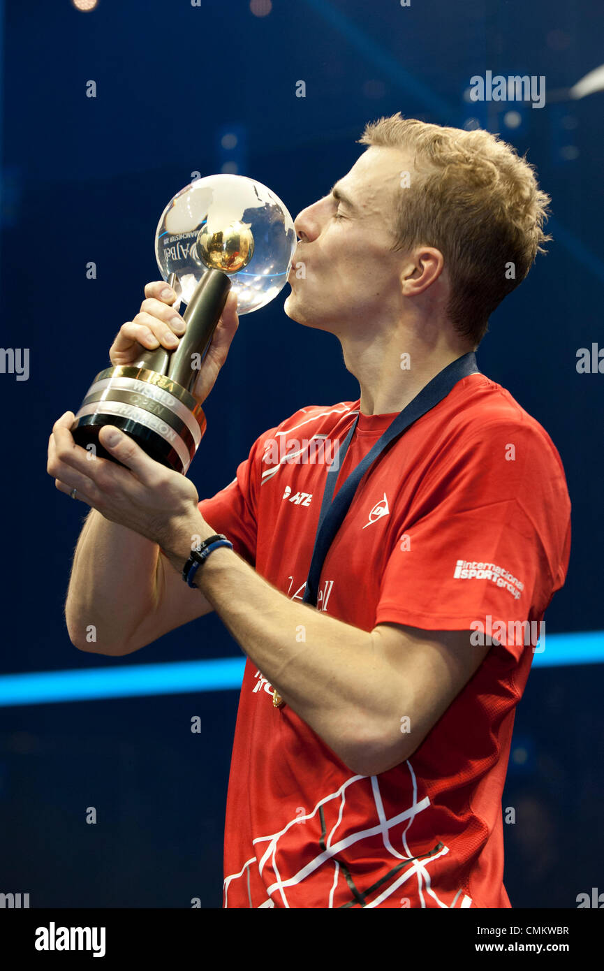 Manchester, UK. 3rd Nov, 2013. England's Nick Matthew celebrates winning the  the 2013 AJ Bell World Squash Championship at Manchester Central, after beating France's Gregory Gaultier after 111 mins in the Final. The victory meant the world title was handed to Matthew for the third time. Credit:  Russell Hart/Alamy Live News. Stock Photo