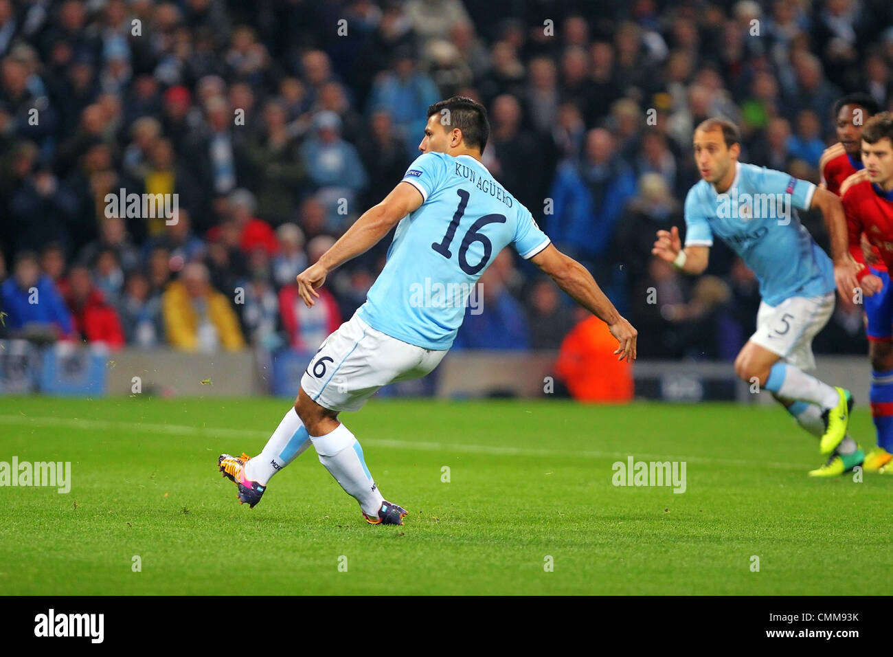 Manchester, UK. 05th Nov, 2013. Sergio Aguero of Manchester City scores the  goal from the penalty spot in the 3rd minute during the Champions League  group D game between Manchester City and