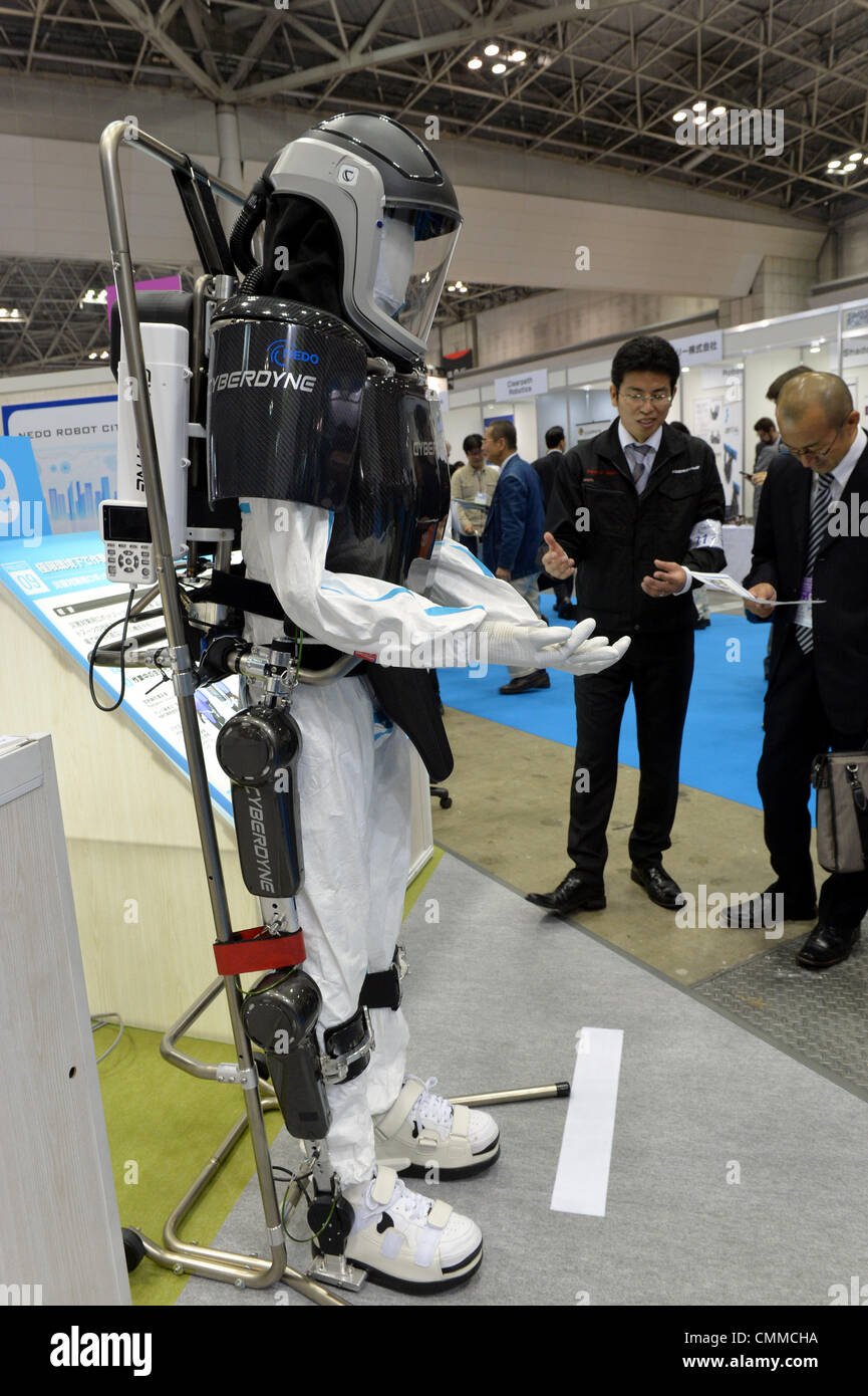 Tokyo, Japan. 6th Nov, 2013. "Robot Suit ia cyborg-type that supplement, expand or improve physical capability of the is displayed at the International Robot Exhibition opened in Tokyo
