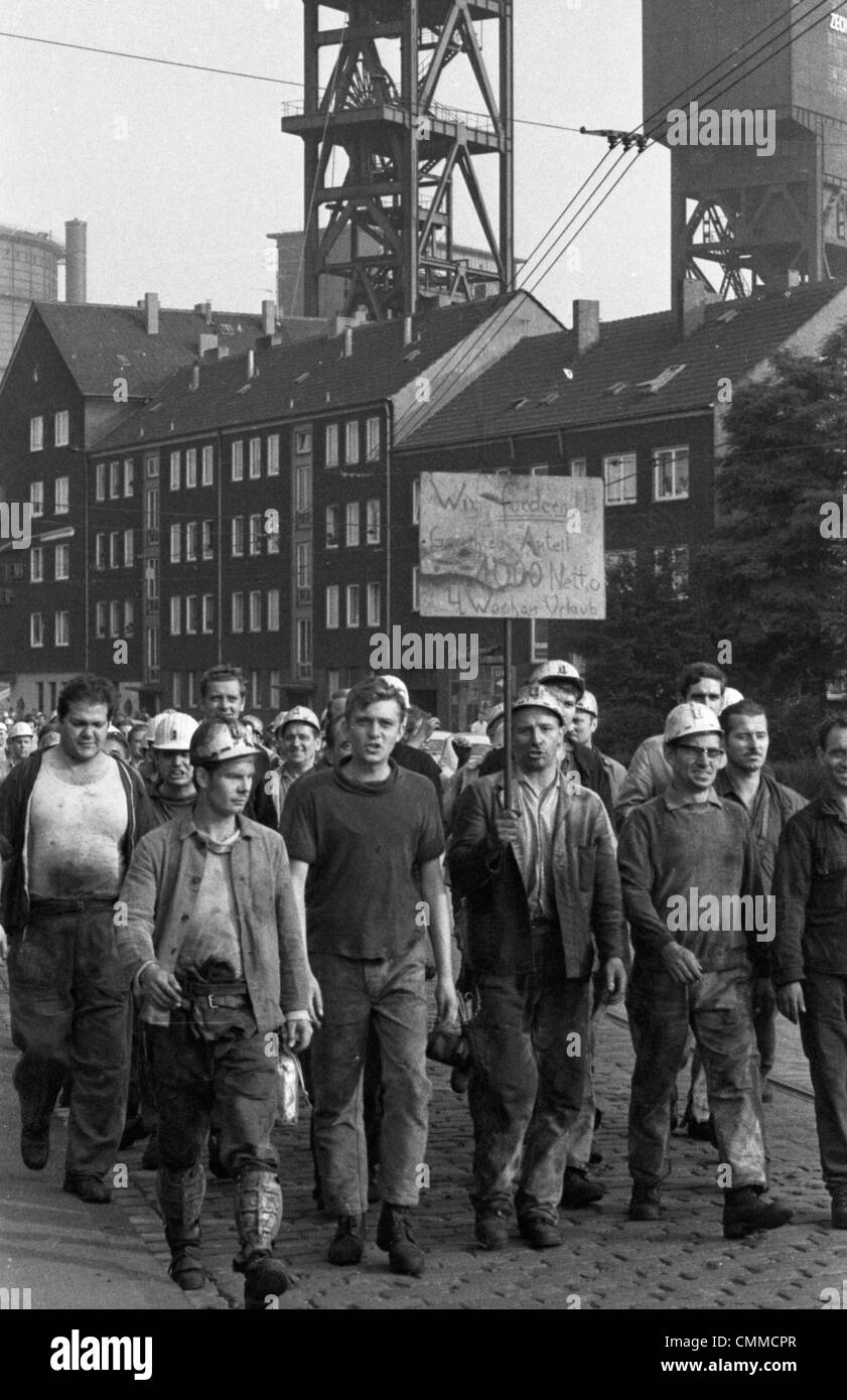 A spontaneous strike movement grew out of a spontaneous walkout of the miners of the Dortmund coal mine 'Prime Stone' 44 years ago. Stock Photo
