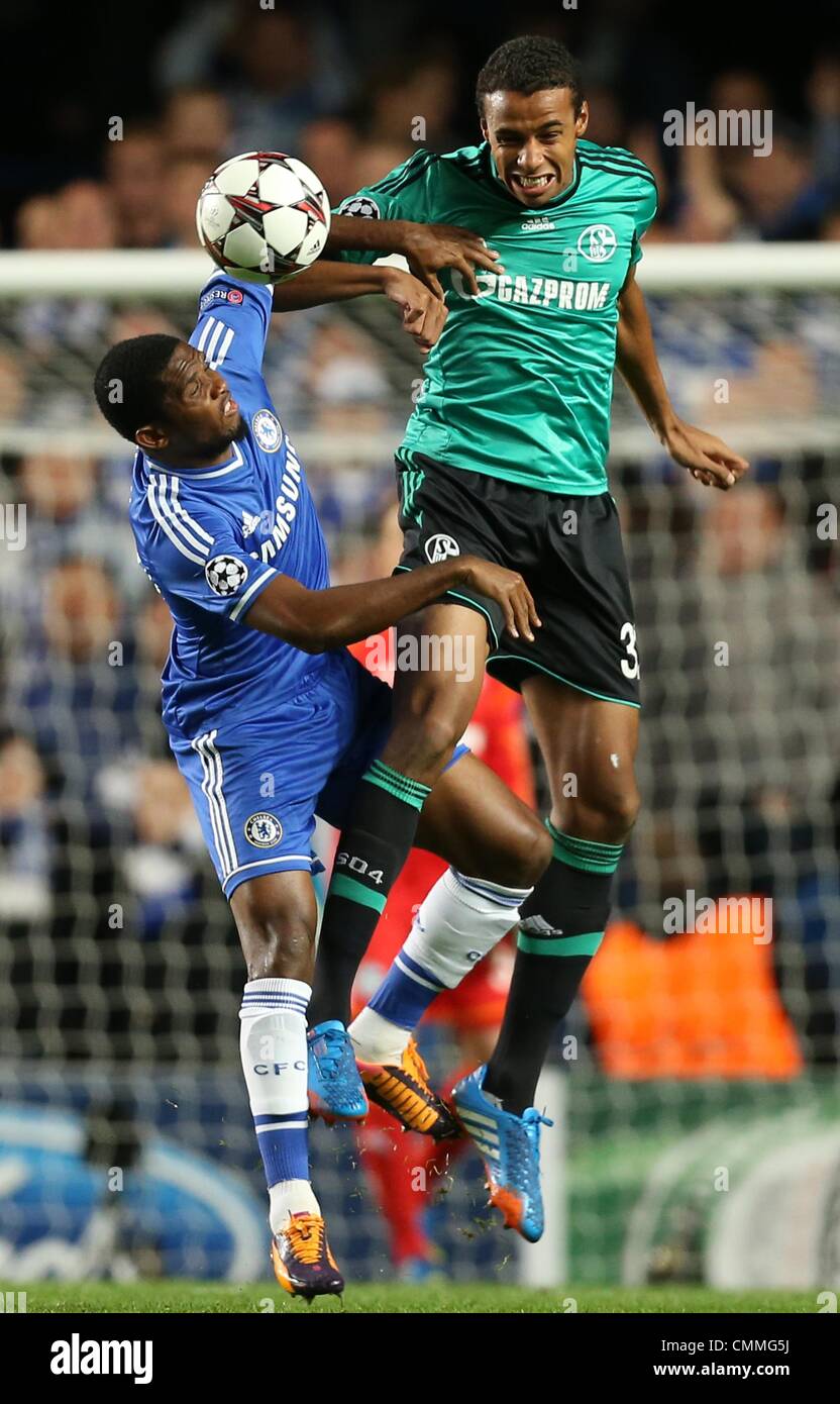 London, Britain. 06th Nov, 2013. Schalke's Joel Matip (R) and Samuel Eto'o (L) of Chelsea vie for the ball during the UEFA Champions League group E soccer match between Chelsea FC and FC Schalke 04 at Stamford Bridge Stadium in London, Britain, 06 November 2013. Photo: Friso Gentsch/dpa/Alamy Live News Stock Photo