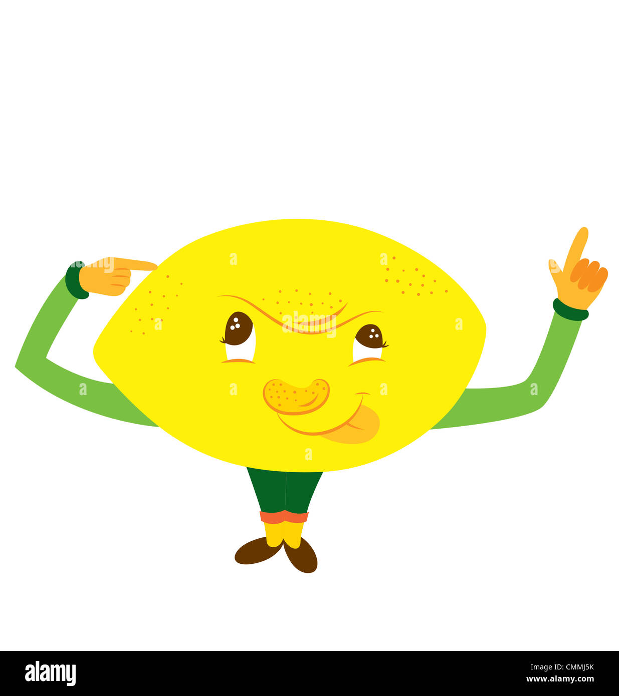 A lemon head character, with evil face, one hand pointing at his head