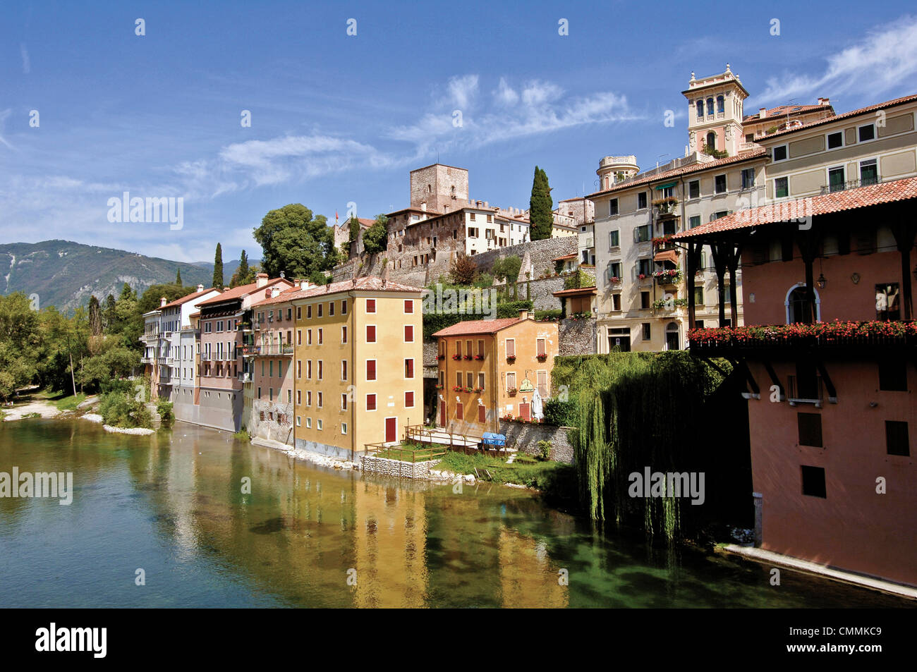 Italy Veneto town of Bassano del Grappa Panorama from the old bridge ( Ponte Vecchio ) Stock Photo