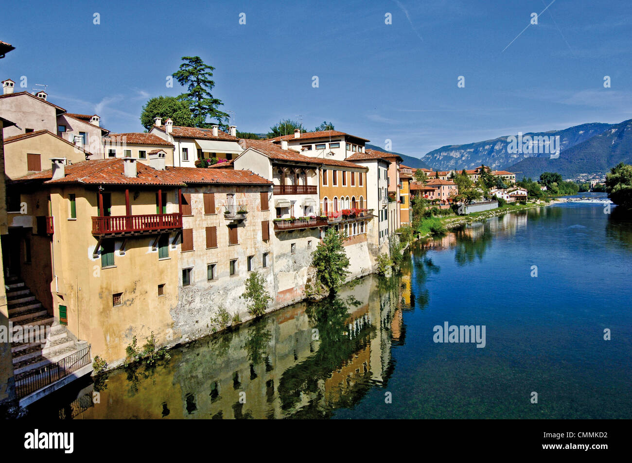 Italy Veneto town of Bassano del Grappa Panorama from the old bridge ( Ponte Vecchio ) Stock Photo