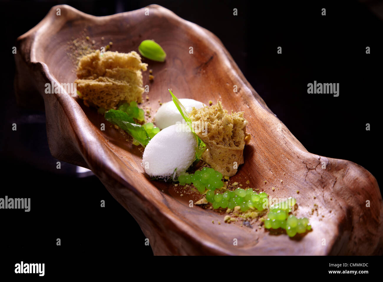 molecular gastronomy, pandanus leaf, cake, and green tea ice cream in Bangkok, Thailand Stock Photo