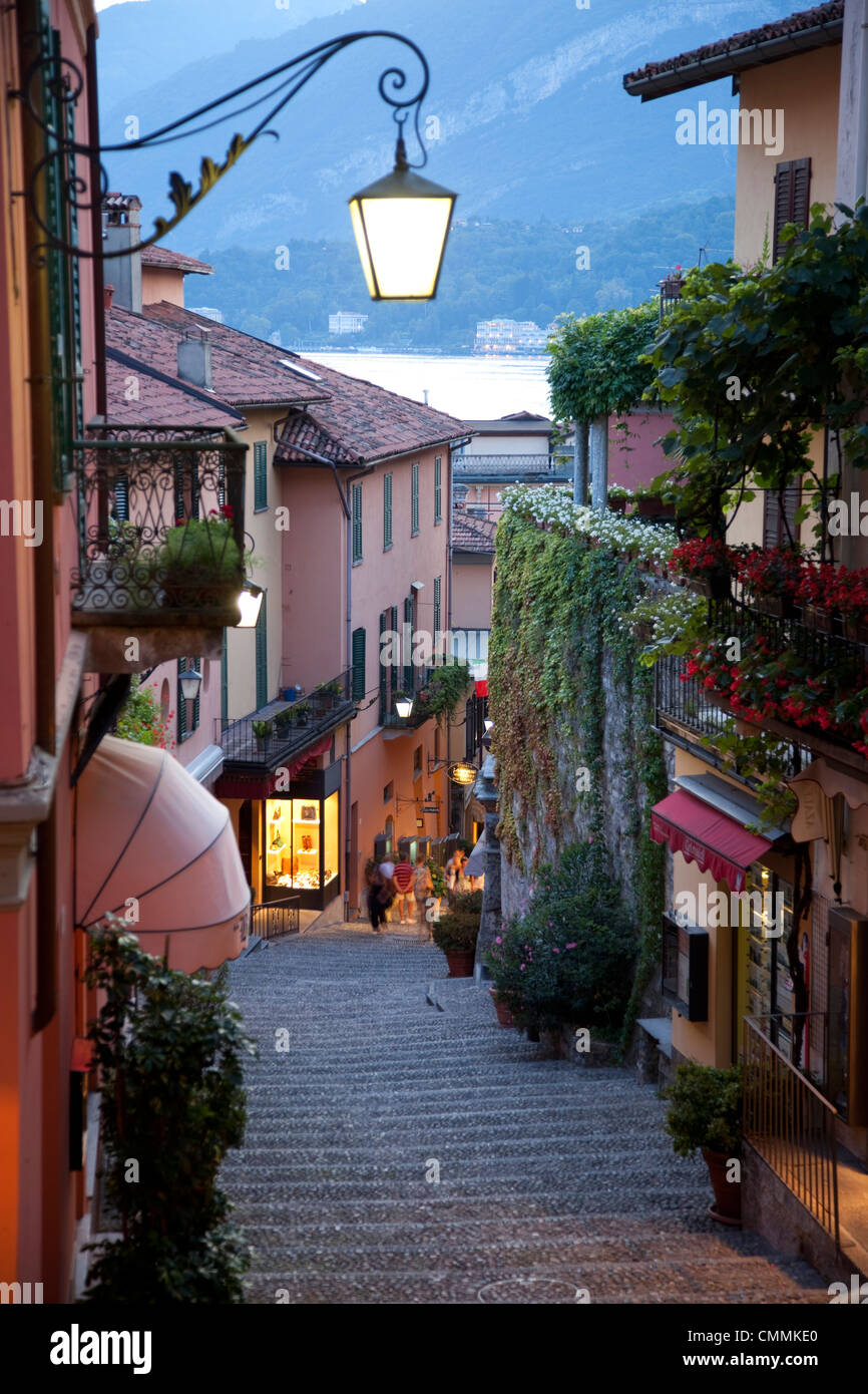Shopping street at dusk, Bellagio, Lake Como, Lombardy, Italy, Europe