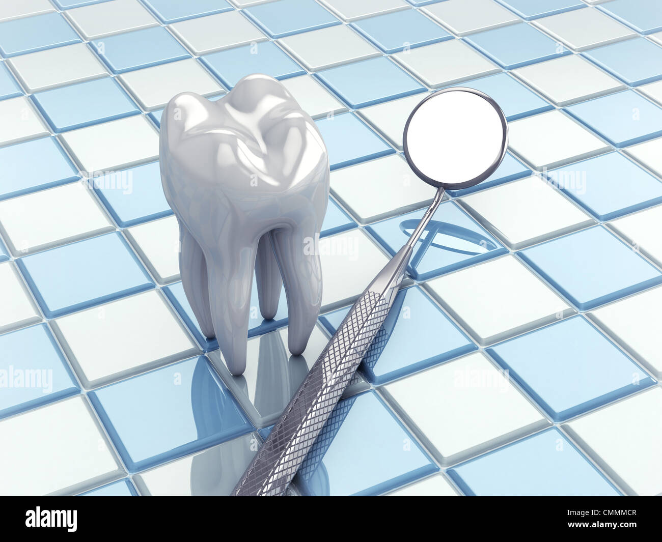 Angled mirror and tooth model on white and blue tiles Stock Photo - Alamy