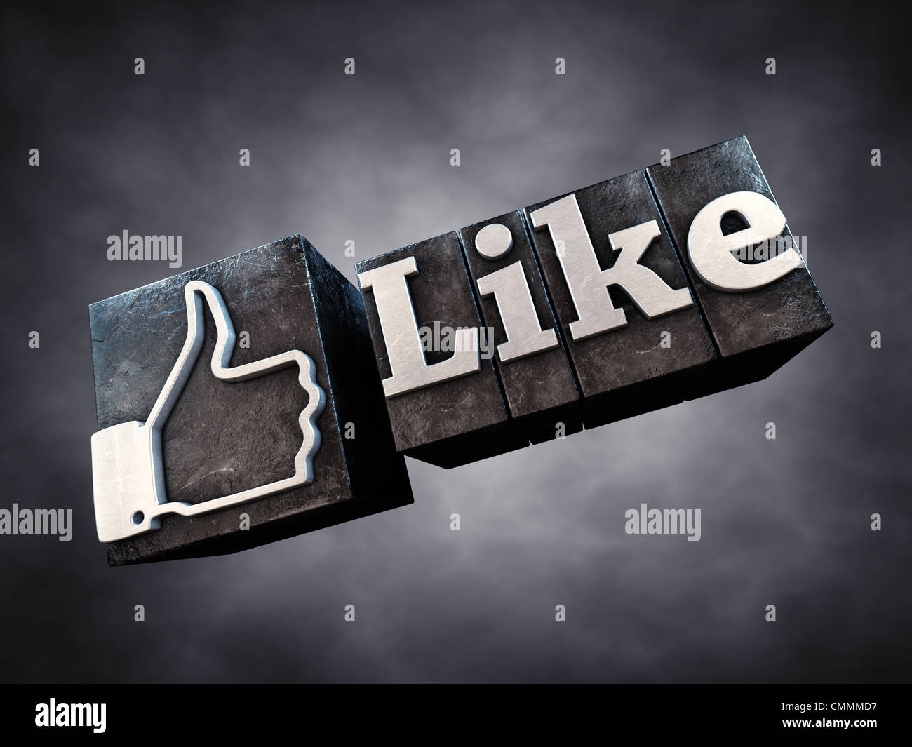 Like and thumbs up sign , letterpress typesetting on dark background , 3d illustration Stock Photo
