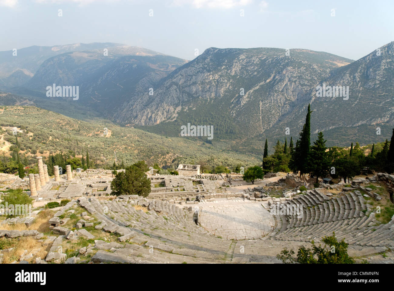 Delphi. Greece. View from above the theatre of the sanctuary ruins towards the stunning
